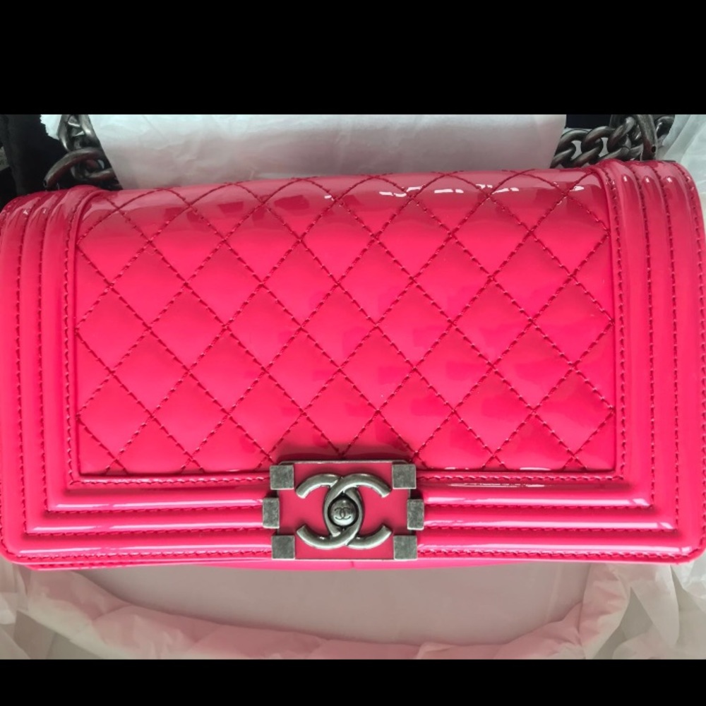 CHANEL Patent Leather Medium Boy Bag Flap Pink